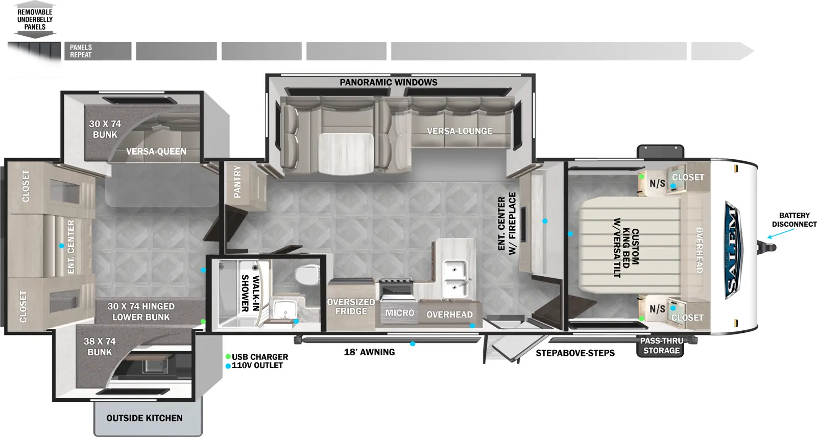 The 31KQBTS has three slideouts and one entry. Exterior features include an outside kitchen, 18 foot awning, step above entry steps front pass-thru storage, battery disconnect, and removable underbelly panels. Interior layout front to back: custom versa-tilt king bed with night stands and closets on each side, and overhead cabinet; entertainment center with fireplace along inner wall; off-door side slideout with versa lounge/u-dinette, and panoramic windows; door side entry, peninsula kitchen counter with sink, overhead cabinet, microwave and oversized refrigerator; door side full bathroom with walk-in shower; off-door side pantry; rear bunk room with off-door side slideout with versa queen below and bunk above, door side slideout with hinged lower bunk, and bunk above, and rear entertainment center with closets on each side.